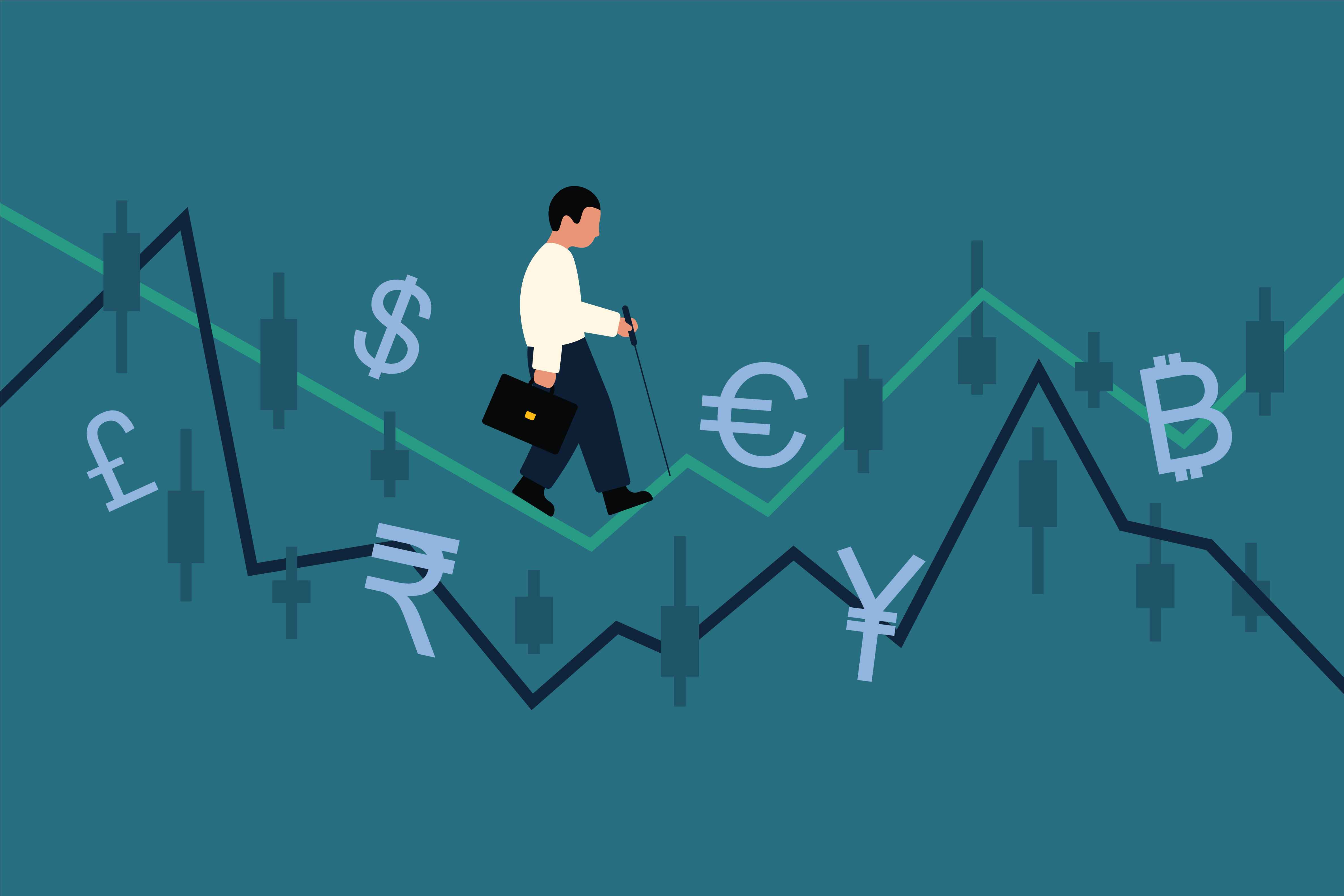 '금융변동'을 헤쳐나가는 사업가의 모습이다.