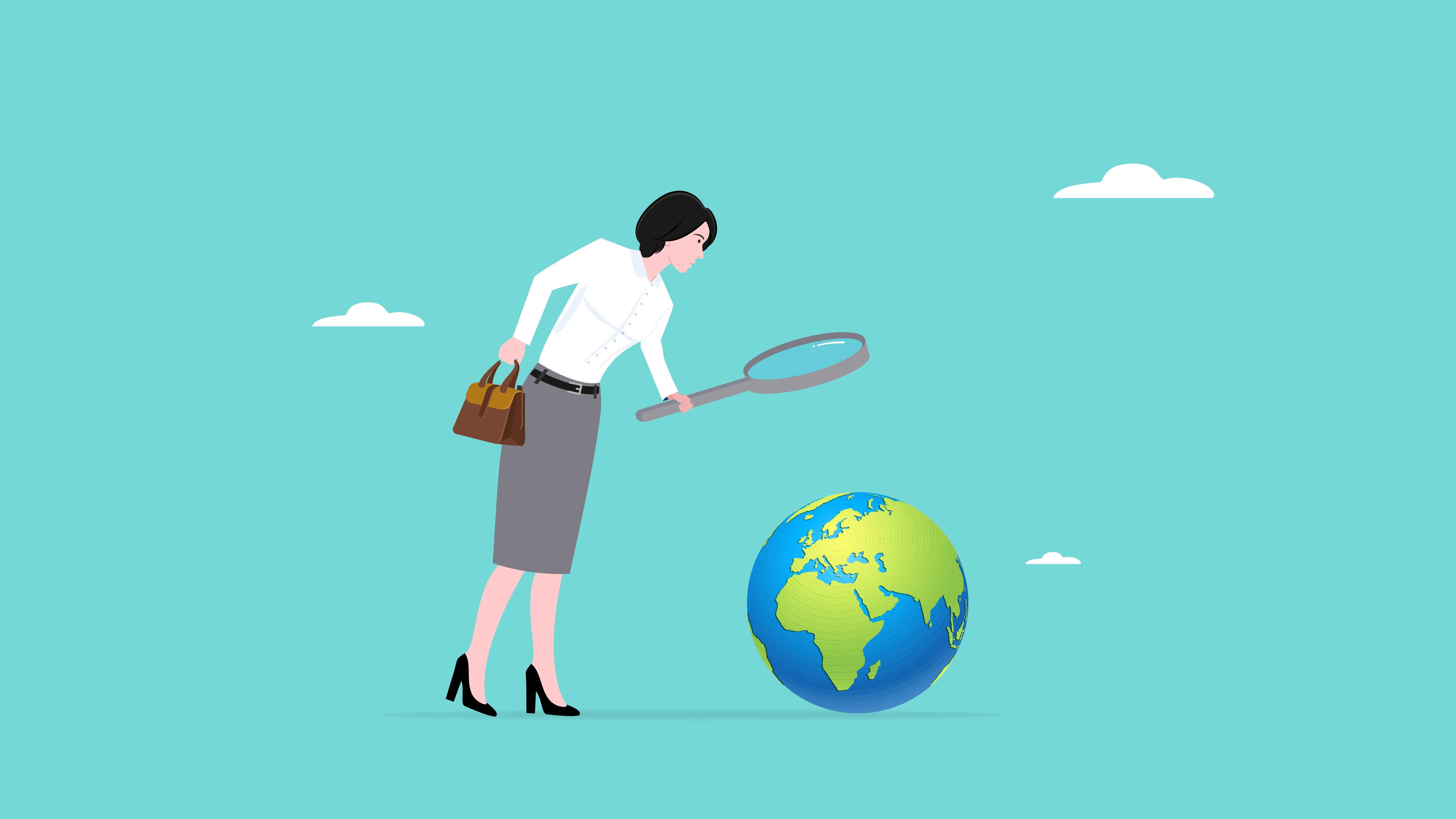 돋보기를 든 여성이 '세계 경제'에서 사업을 '분석'하는 모습이다.