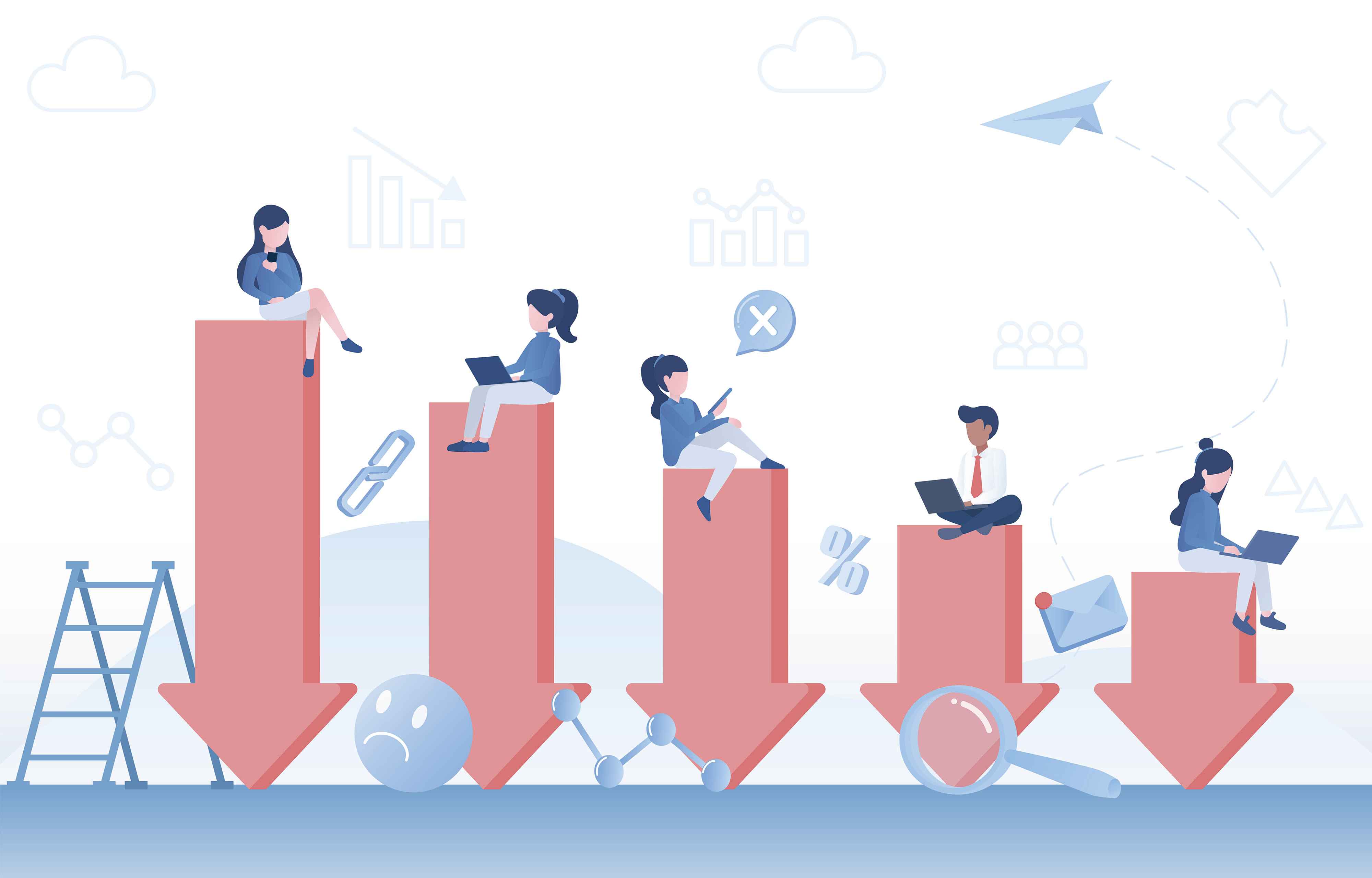 '하향 화살표' 위에 사람들이 앉아있는 일러스트이다. 