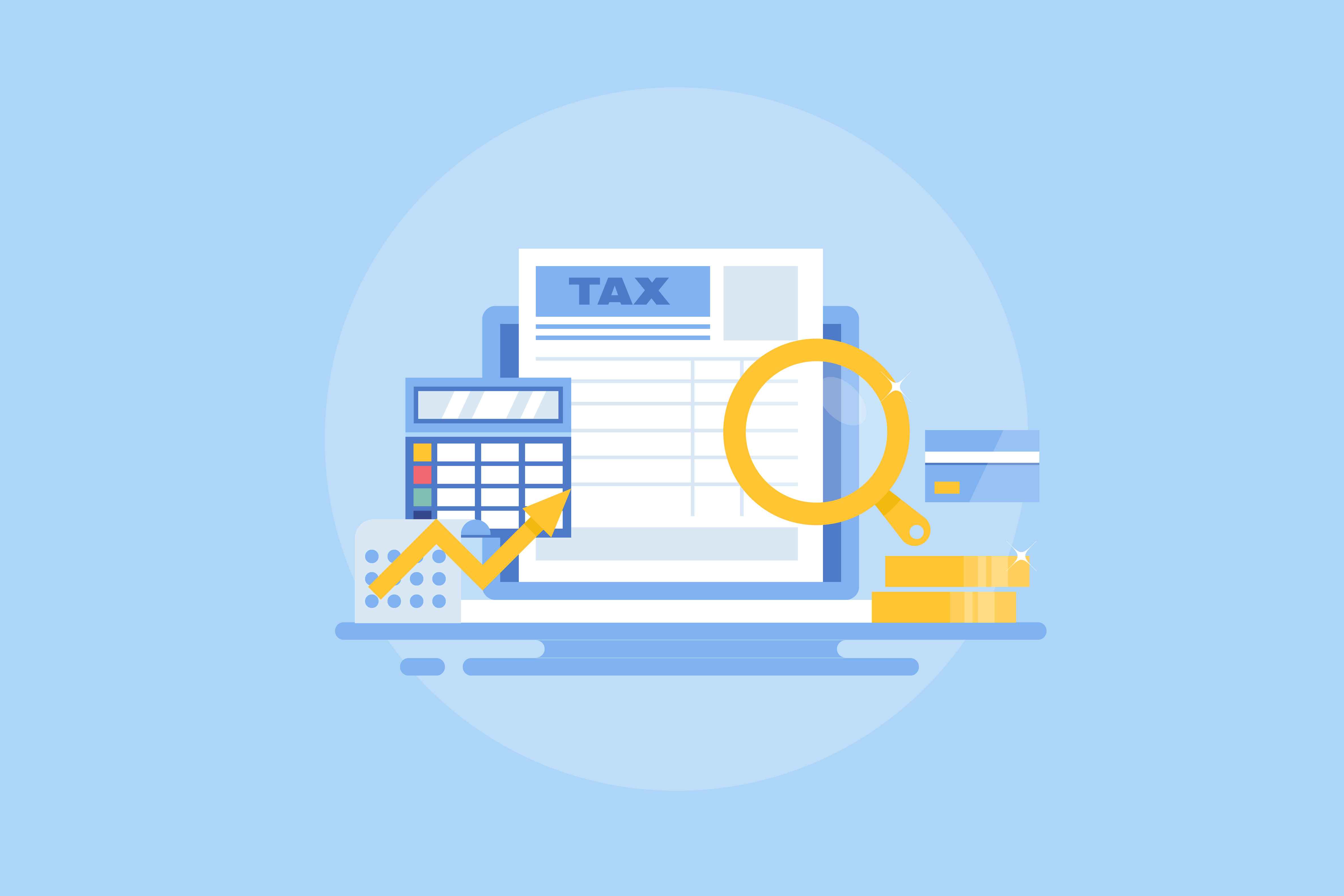 '세금' 영수증을 돋보기로 자세히 보는 모습이다. 왼쪽편에는 '계산기'가 있다.