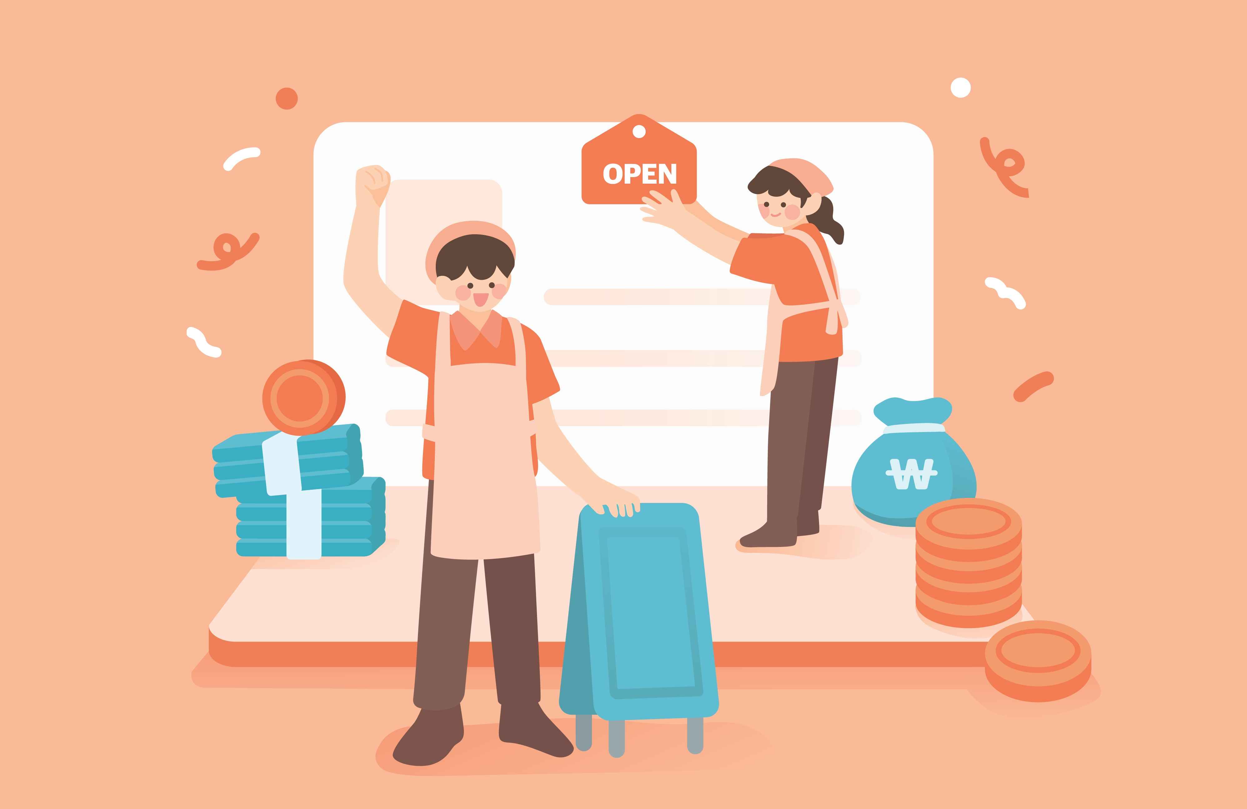 창업을 시작하는 사장님들의 모습이다. '통장' 위에 서있는 이미지다.