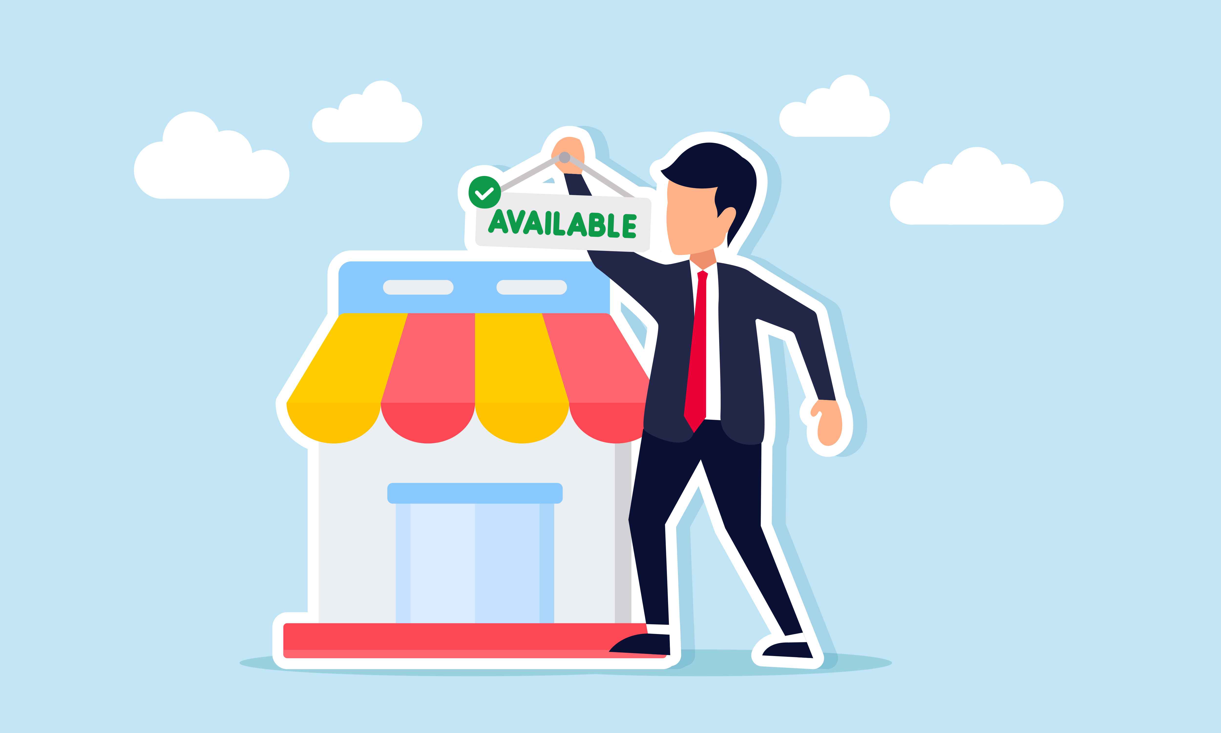 소규모 '상가' 앞에 사용 가능이라는 표시를 들고있는 사람의 모습이다.