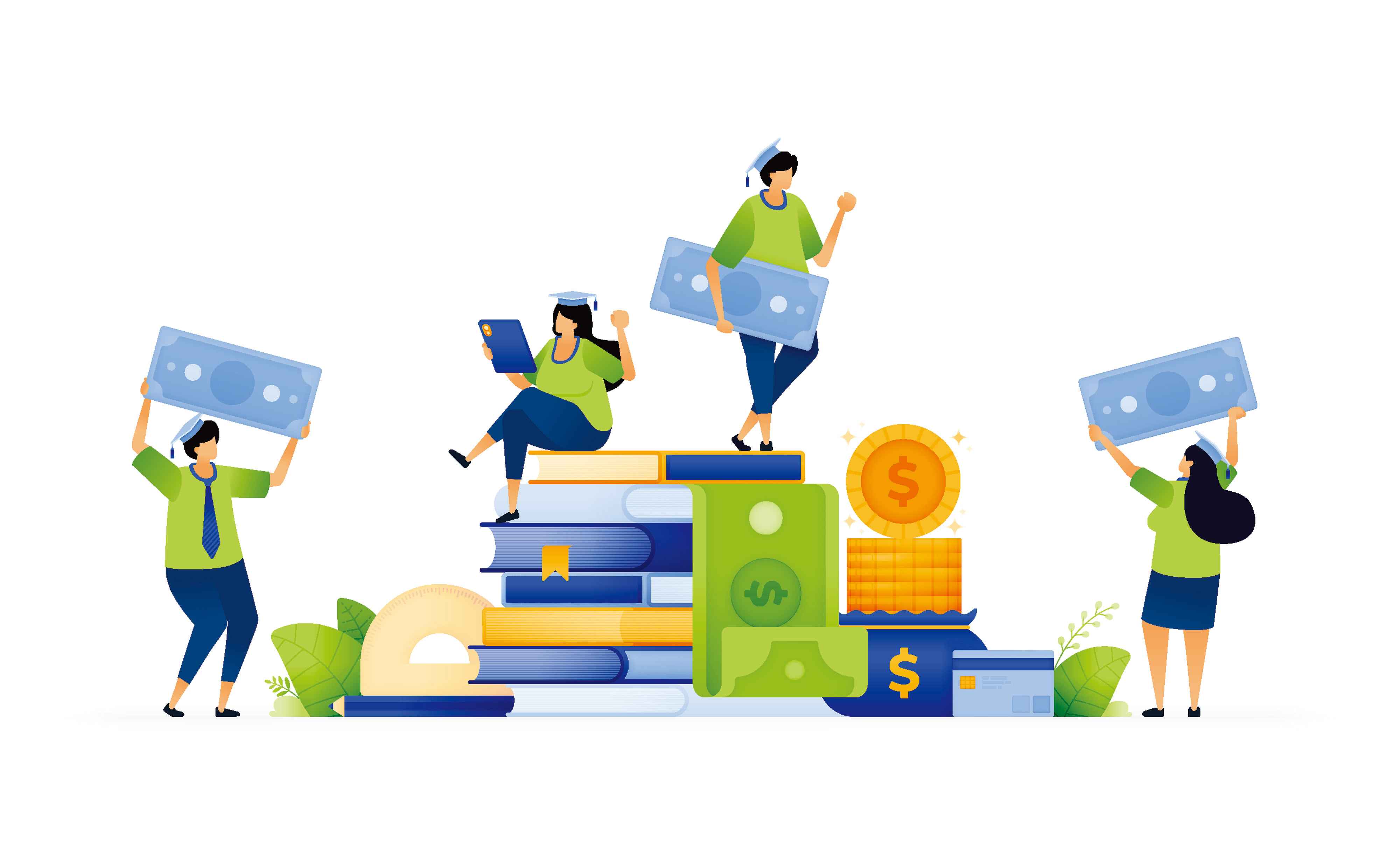 책 주변에 있는 사람들이 돈을 들고 있는 이미지로 '학자금 대출' 및 교육을 위한 '장학금'을 표현하는 일러스트이다. 