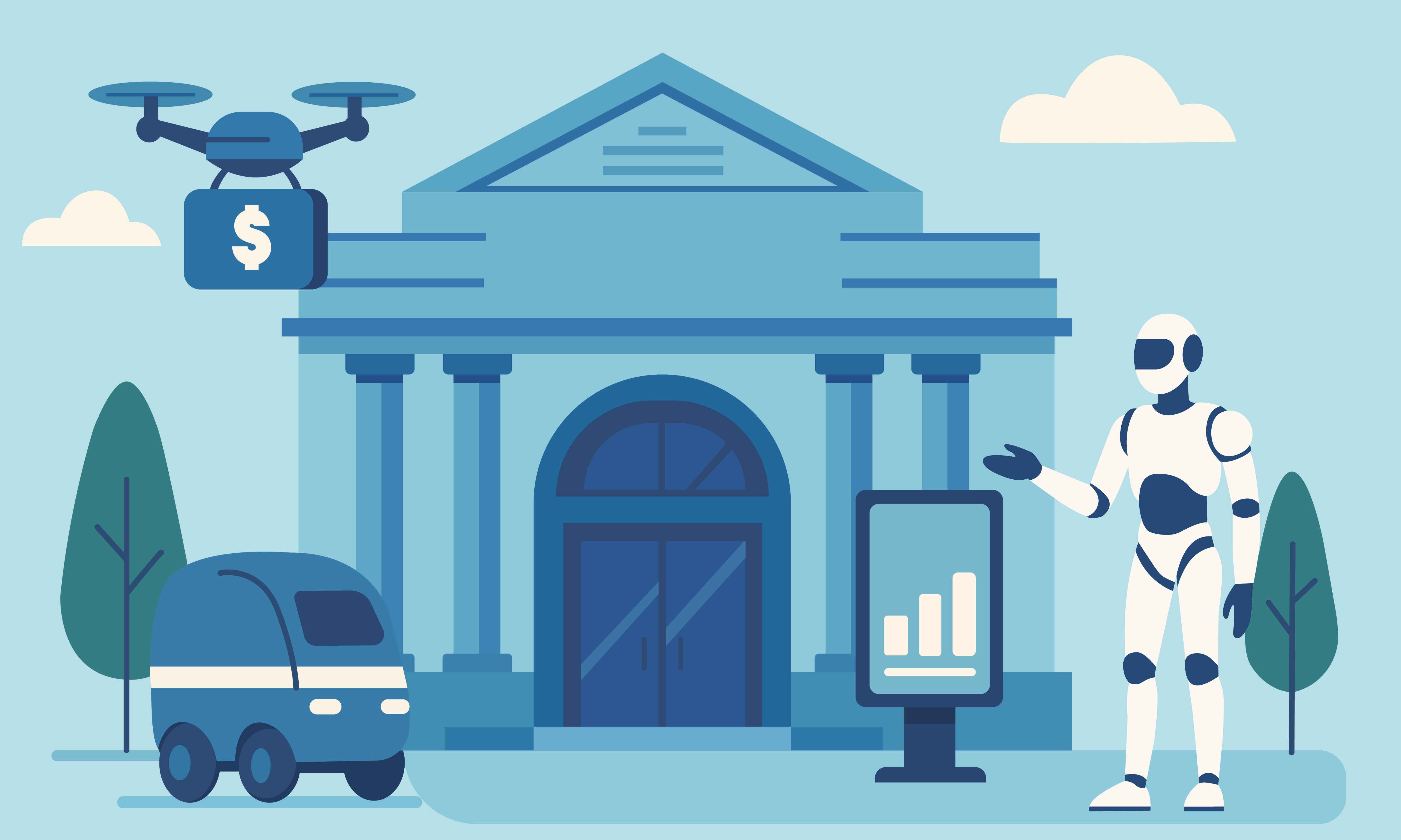 '자동주행 자동차', '드론', '로봇' 등으로 운영되는 미래의 은행 모습이다.