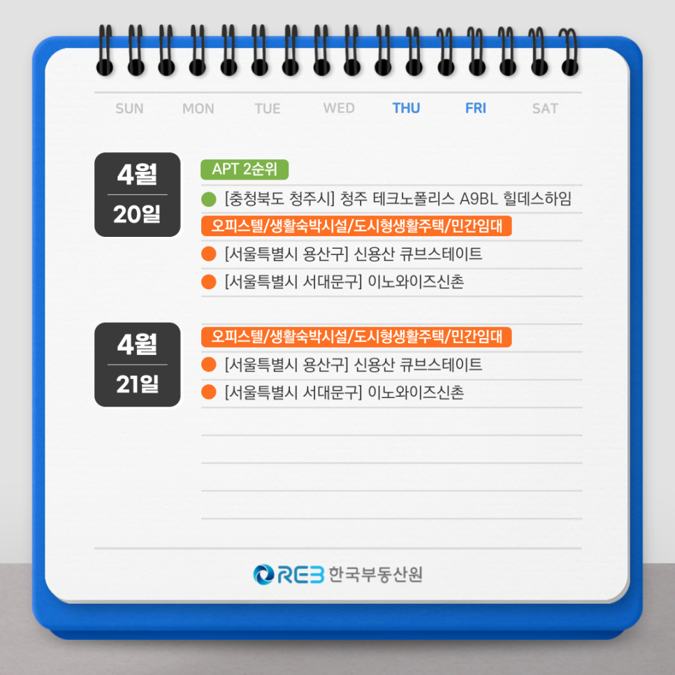 4월 20일과 21일 '청약' 정보를 제공하는 글. 아파트 2순위 청약과 오피스텔, 생활숙박시설, 도시형 생활주택과 민간임대를 대상으로 한 청약 정보가 나열되어 있음.