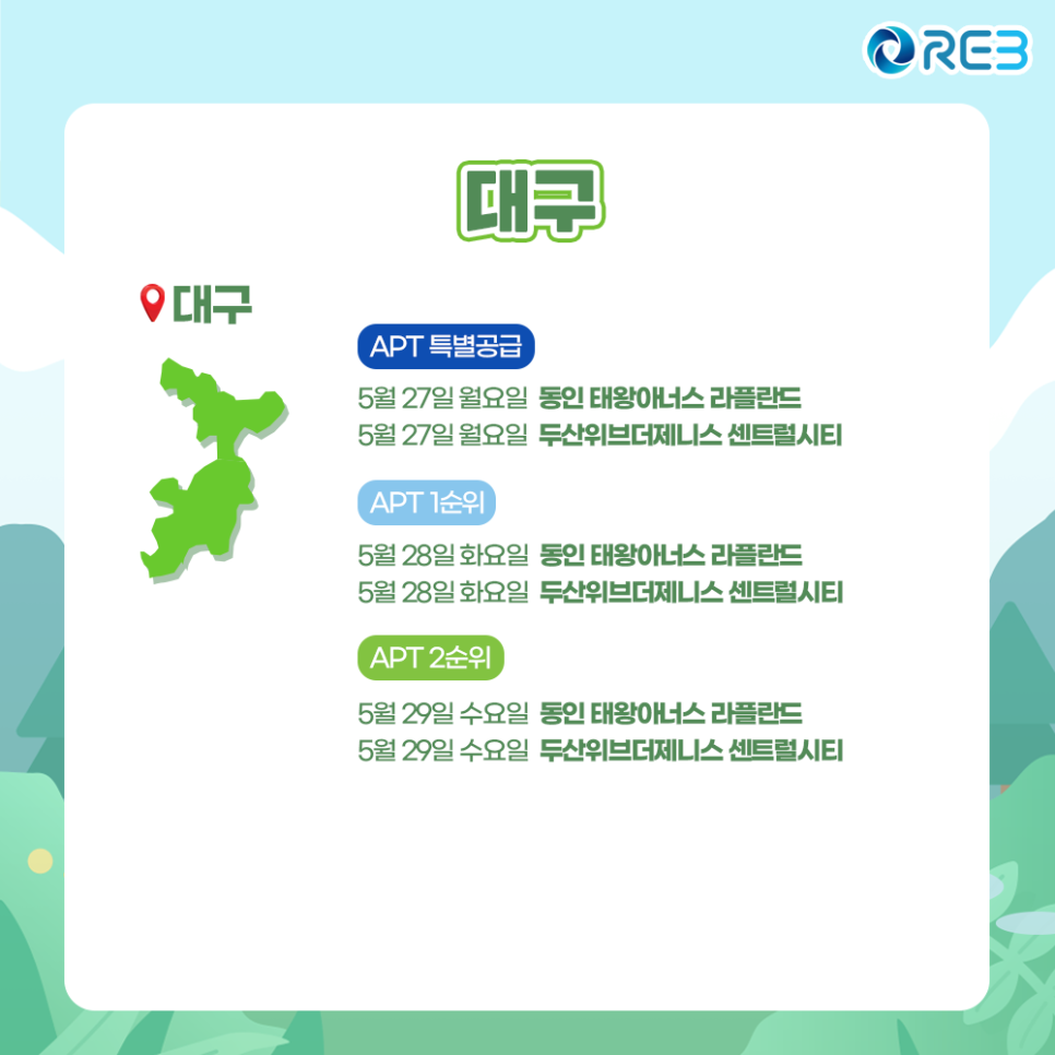 '5월 5주차' 5월 27일~5월 29일까지의 '대구지역 청약' 내용이 정리되어 있다.