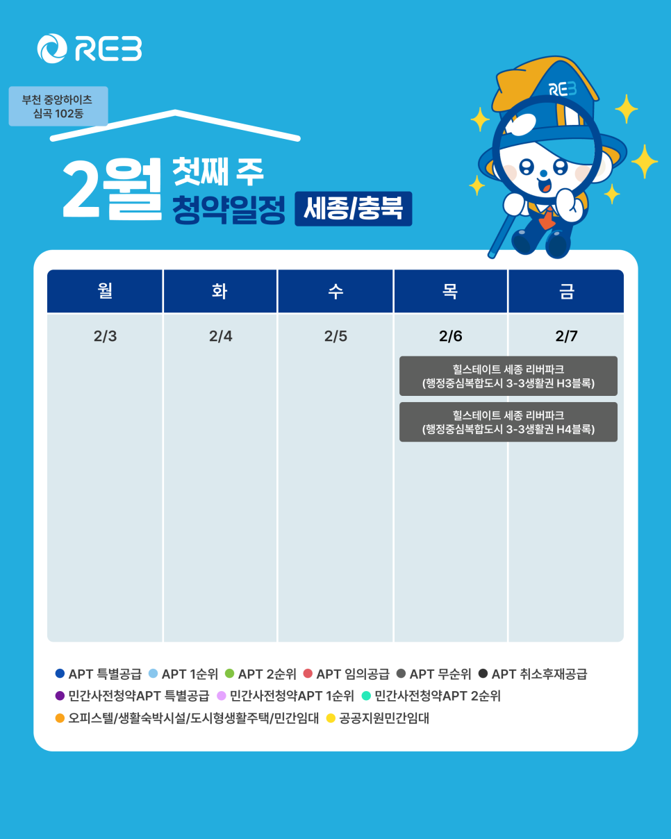 '2월 1주차' 2월 6일~2월 7일의 '세종, 충북 지역 청약' 내용이 정리되어 있다.