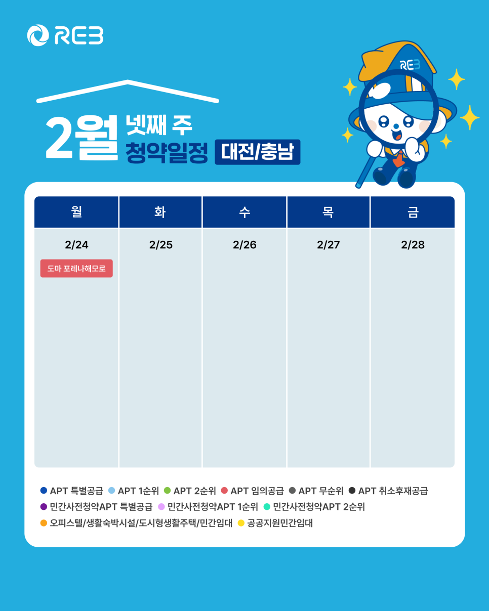 '2월 4주차' 2월 24일의 '대전, 충남 지역 청약' 내용이 정리되어 있다.