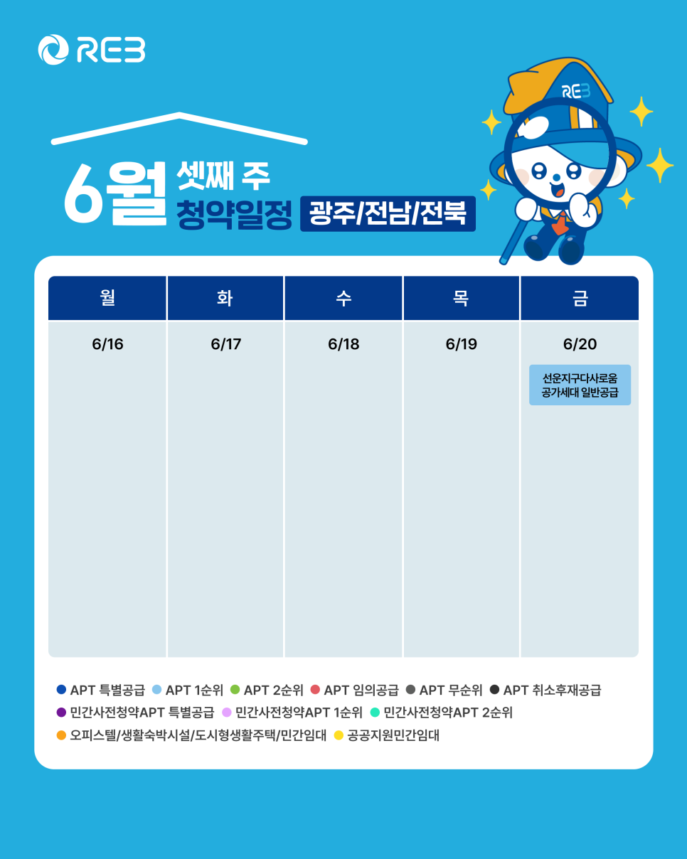 '6월 3주차' 6월 20일의 '광주, 전남, 전북 지역 청약' 내용이 정리되어 있다.