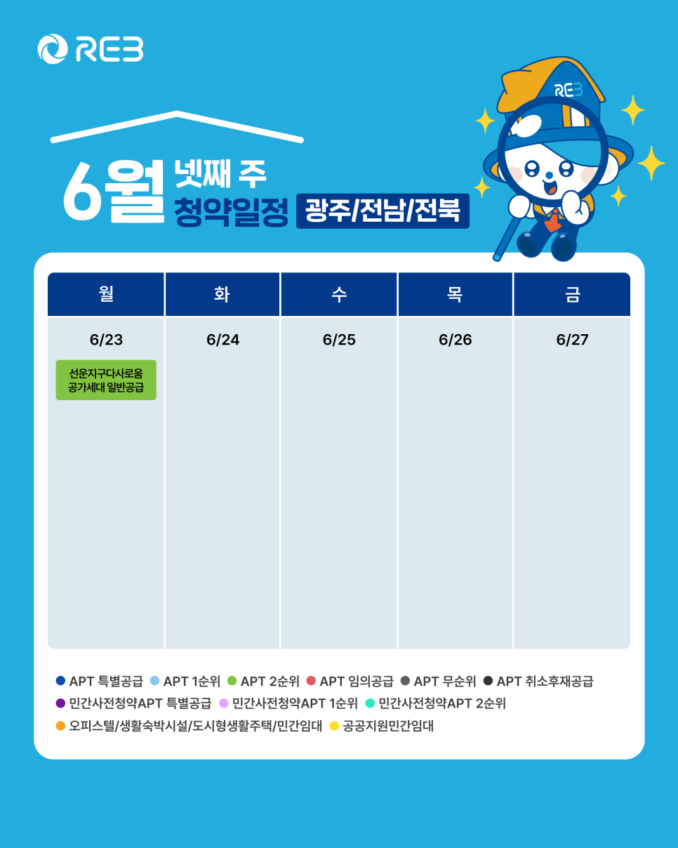 '6월 4주차' 6월 23일의 '광주, 전남, 전북 지역 청약' 내용이 정리되어 있다.