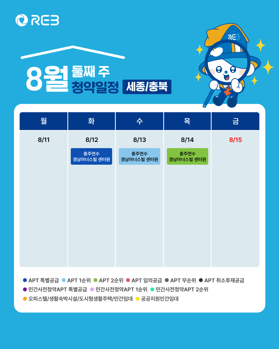 '8월 2주차' 8월 12일 ~ 8월 14일의 '세종, 충북 지역 청약' 내용이 정리되어 있다.