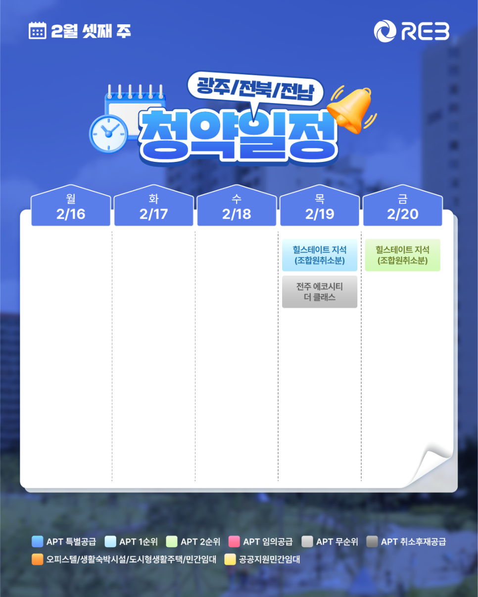 '2월 3주차' 2월 16일 ~ 2월 20일의 '광주/전북/전남 지역 청약' 내용이 정리되어 있다.