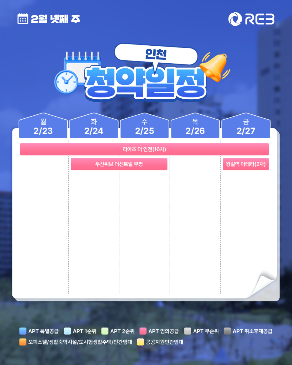 '인천 지역 2월 넷째 주 청약일정'입니다. 리아츠 더 인천, 두산위브 더센트럴 부평, 그리고 금요일인 27일에는 왕길역 아테라 2차의 임의공급 일정이 달력 형태로 정리되어 있습니다.