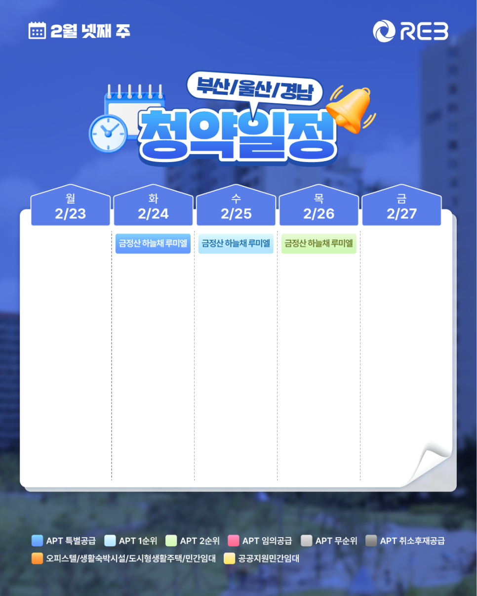 '부산·울산·경남 지역의 2월 넷째 주 청약 일정표'입니다. 금정산 하늘채 루미엘 단지 단독 일정으로, 24일 특별공급, 25일 1순위 청약, 26일 2순위 청약 접수가 진행됨을 보여줍니다.