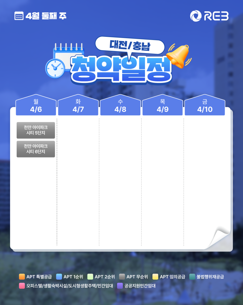 ‘4월 2주 차' 4월 6일 ~ 4월 10일의 '대전/충남 지역 청약' 내용이 정리되어 있다.