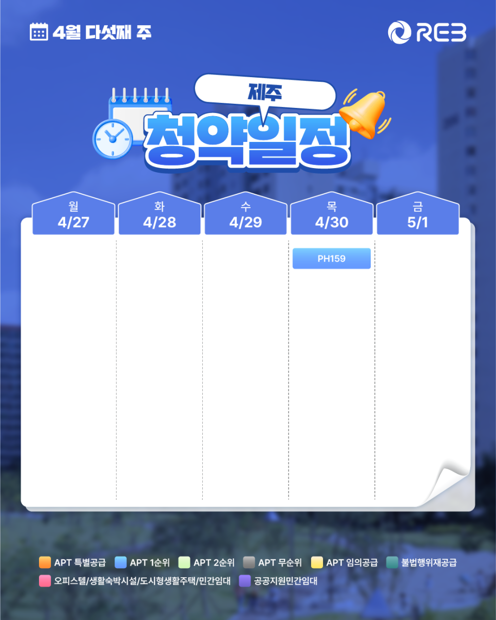 ‘4월 5주 차' 4월 27일 ~ 5월 1일의 '제주 지역 청약' 내용이 정리되어 있다.