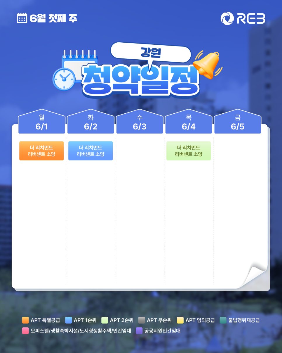 ‘6월 1주차' 6월 1일 ~ 6월 5일의 ‘강원 지역 청약' 내용이 정리되어 있다.