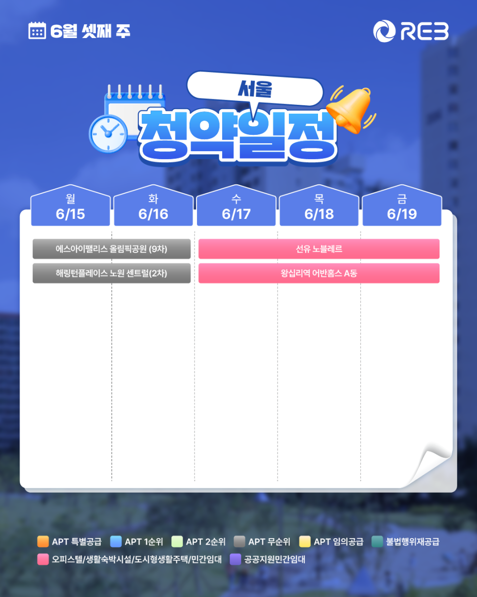 ‘6월 3주차' 6월 15일 ~ 6월 19일의 ‘서울 지역 청약' 내용이 정리되어 있다.