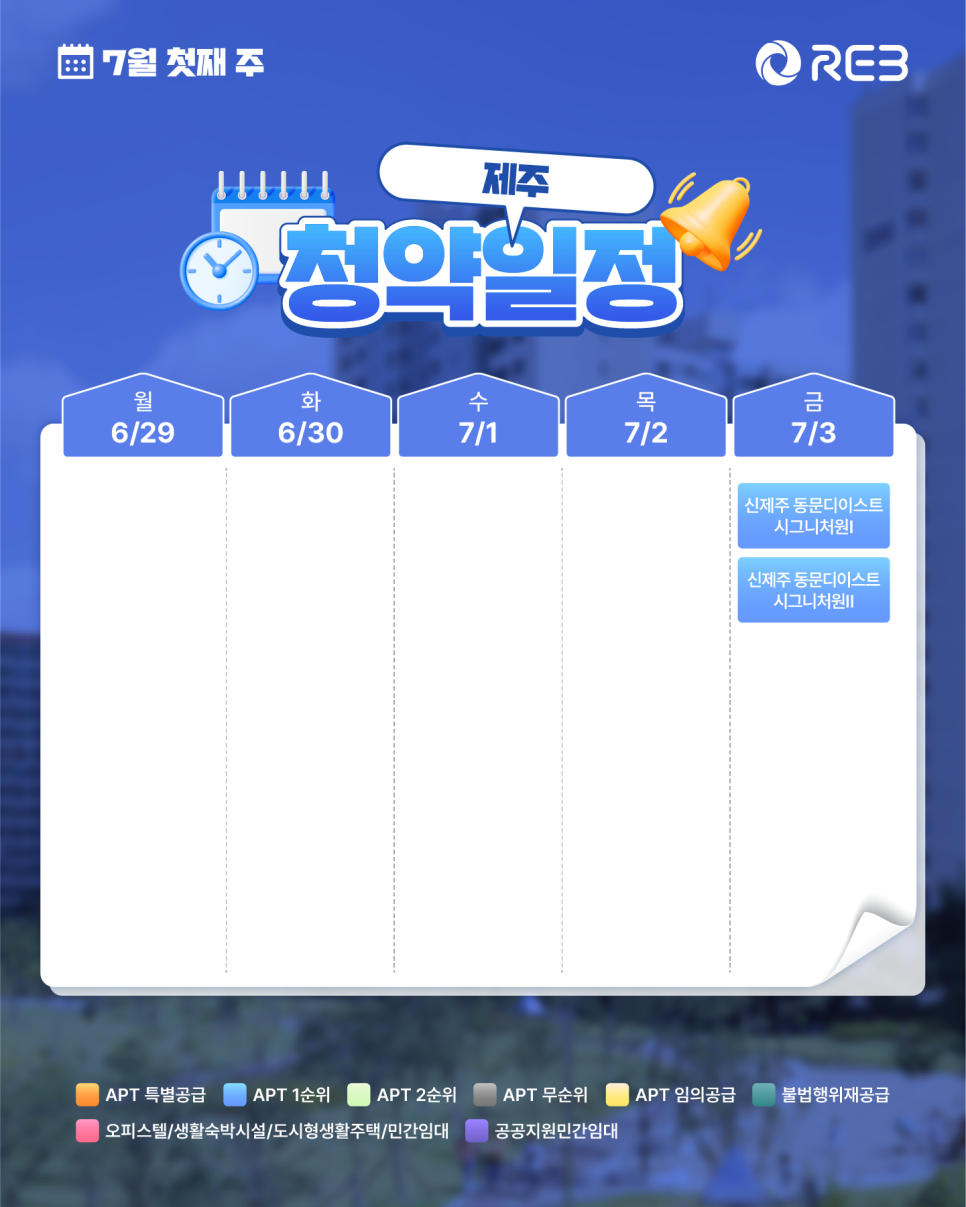 ‘7월 1주차' 6월 29일 ~ 7월 3일의 ‘제주 지역 청약' 내용이 정리되어 있다.