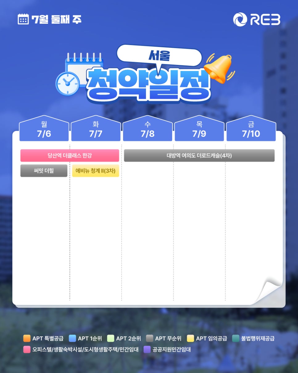 ‘7월 2주차' 7월 6일 ~ 7월 10일의 ‘서울 지역 청약' 내용이 정리되어 있다.