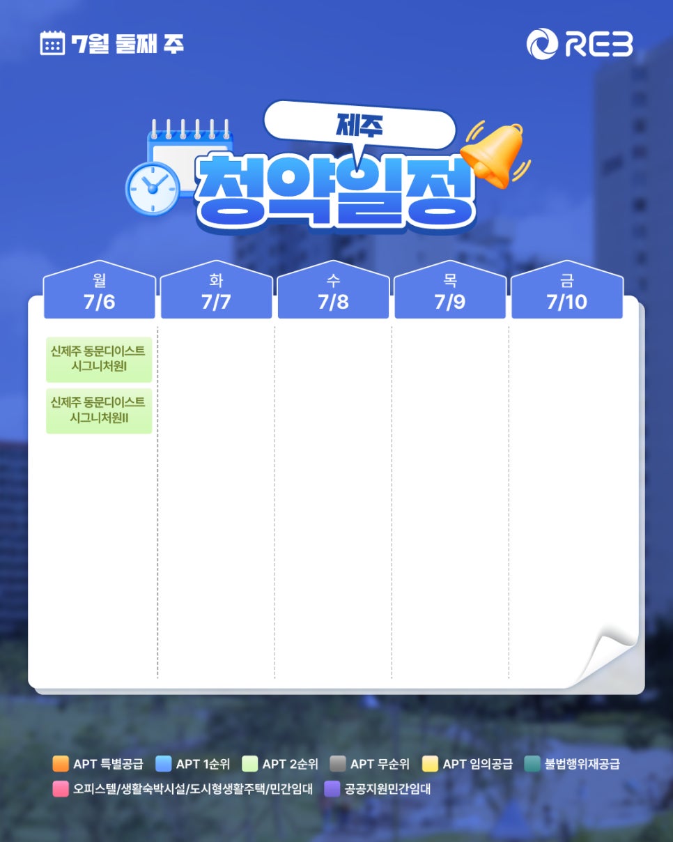 ‘7월 2주차' 7월 6일 ~ 7월 10일의 ‘제주 지역 청약' 내용이 정리되어 있다.