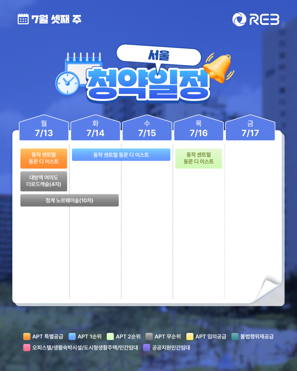 ‘7월 3주차' 7월 13일 ~ 7월 17일의 ‘서울 지역 청약' 내용이 정리되어 있다.
