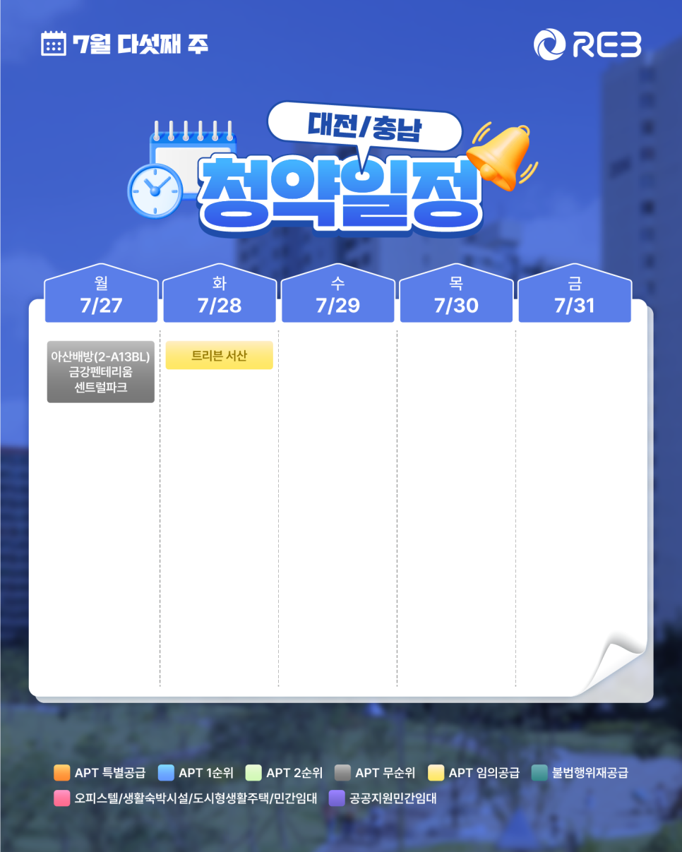 ‘7월 5주차' 7월 27일 ~ 7월 31일의 ‘대전/충남 지역 청약' 내용이 정리되어 있다.