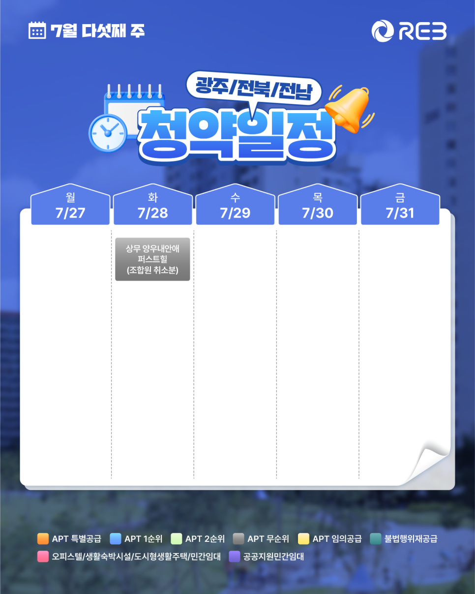 ‘7월 5주차' 7월 27일 ~ 7월 31일의 ‘광주/전북/전남 지역 청약' 내용이 정리되어 있다.