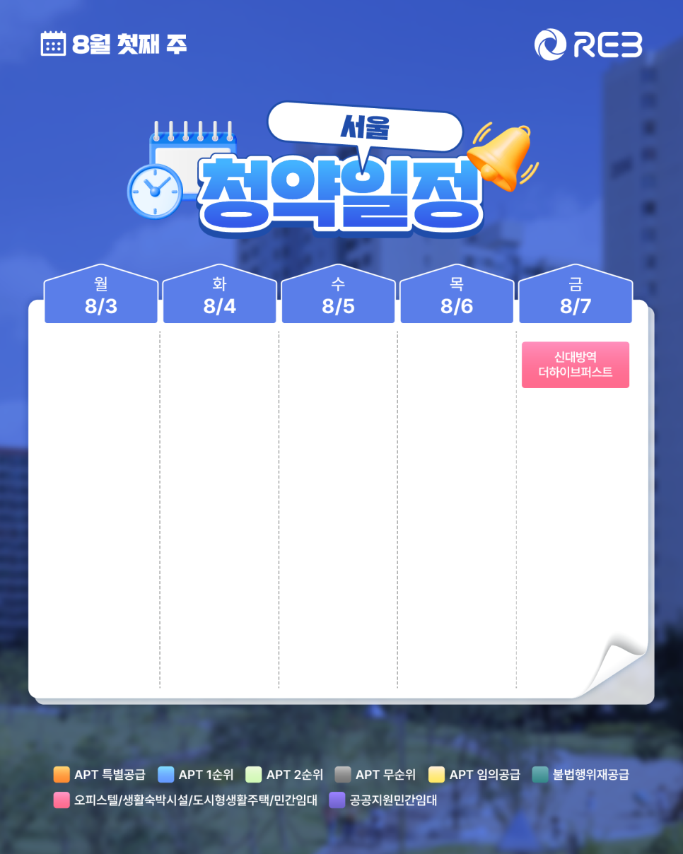 ‘8월 1주차' 8월 3일 ~ 8월 7일의 ‘서울 지역 청약' 내용이 정리되어 있다.