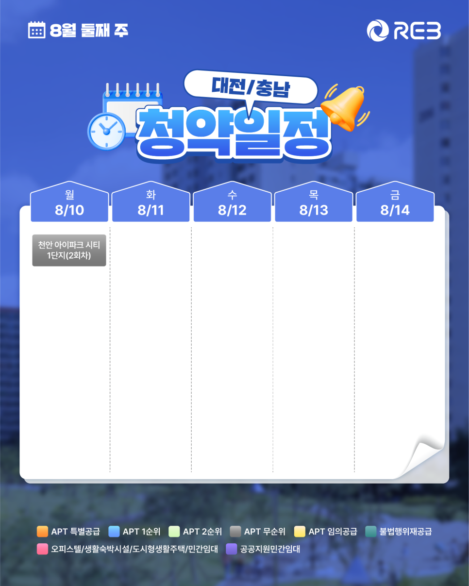 ‘8월 2주차' 8월 10일 ~ 8월 14일의 ‘대전/충남 지역 청약' 내용이 정리되어 있다.