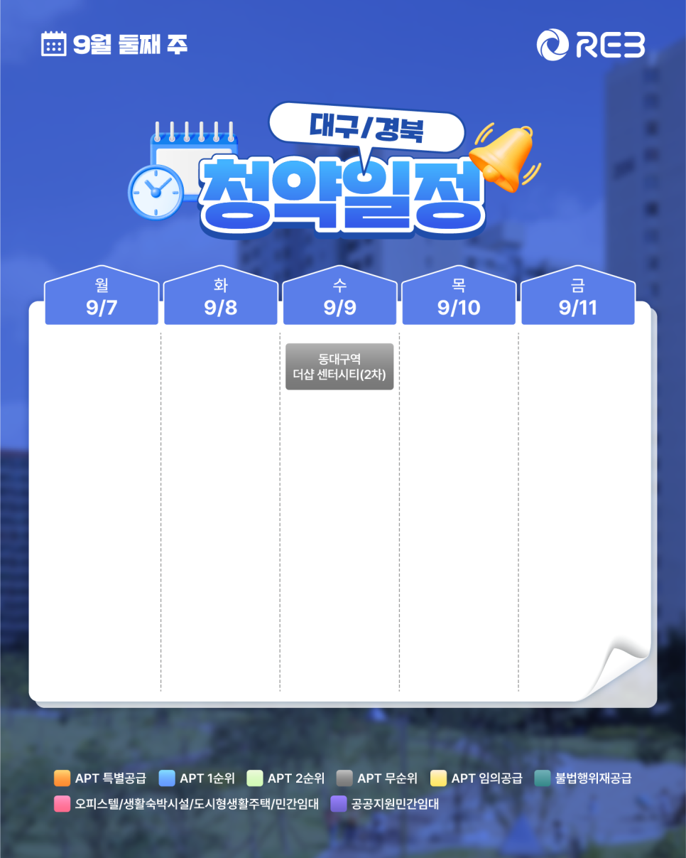‘9월 2주차' 9월 7일 ~ 9월 11일의 ‘대구/경북 지역 청약' 내용이 정리되어 있다.