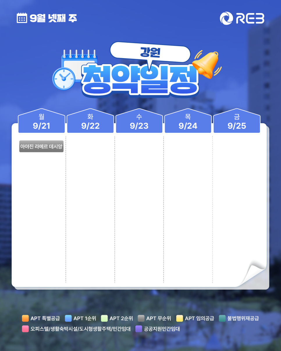 ‘9월 4주차' 9월 21일 ~ 9월 25일의 ‘강원 지역 청약' 내용이 정리되어 있다.