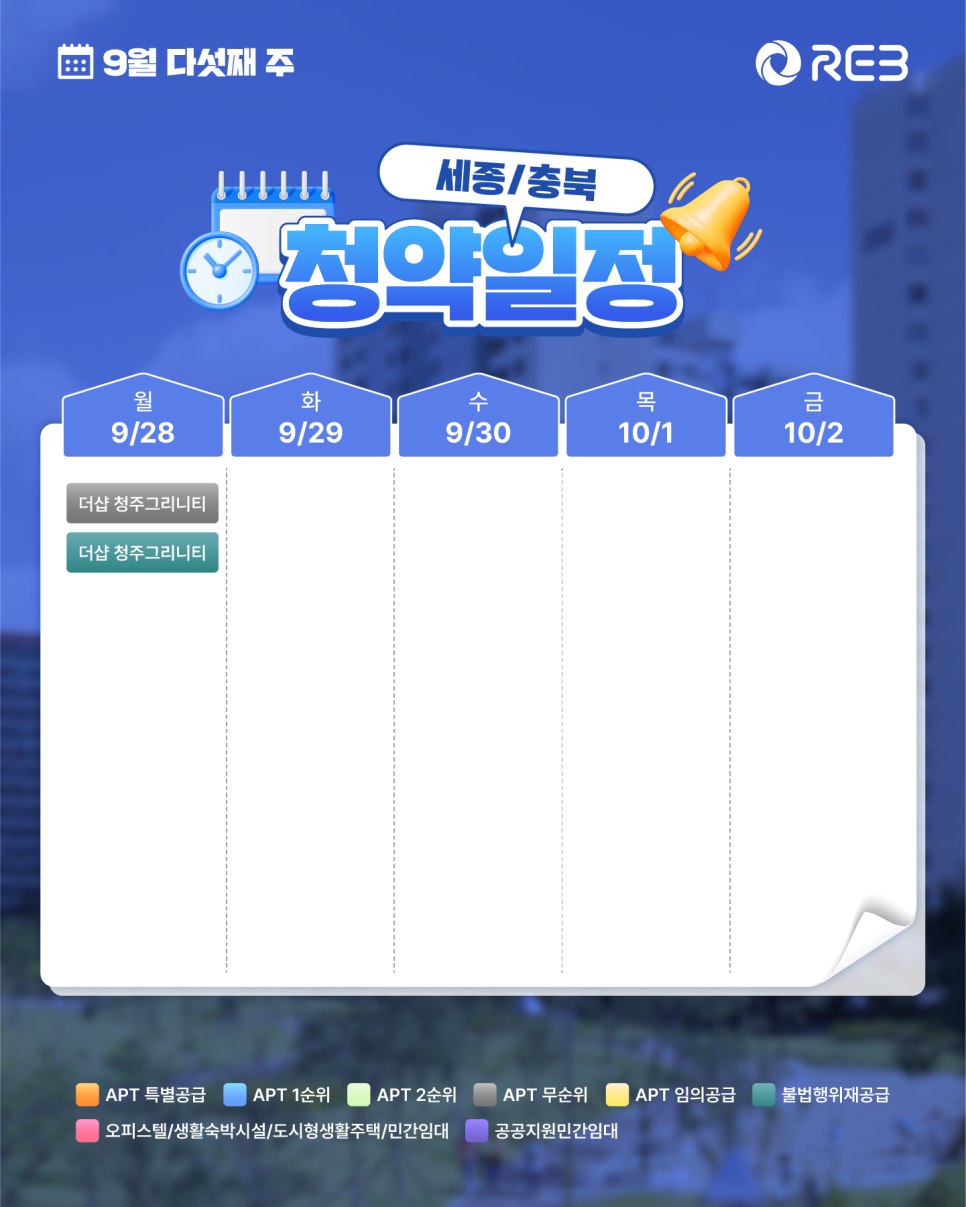 ‘9월 5주차' 9월 28일 ~ 10월 2일의 ‘세종/충북 지역 청약' 내용이 정리되어 있다.