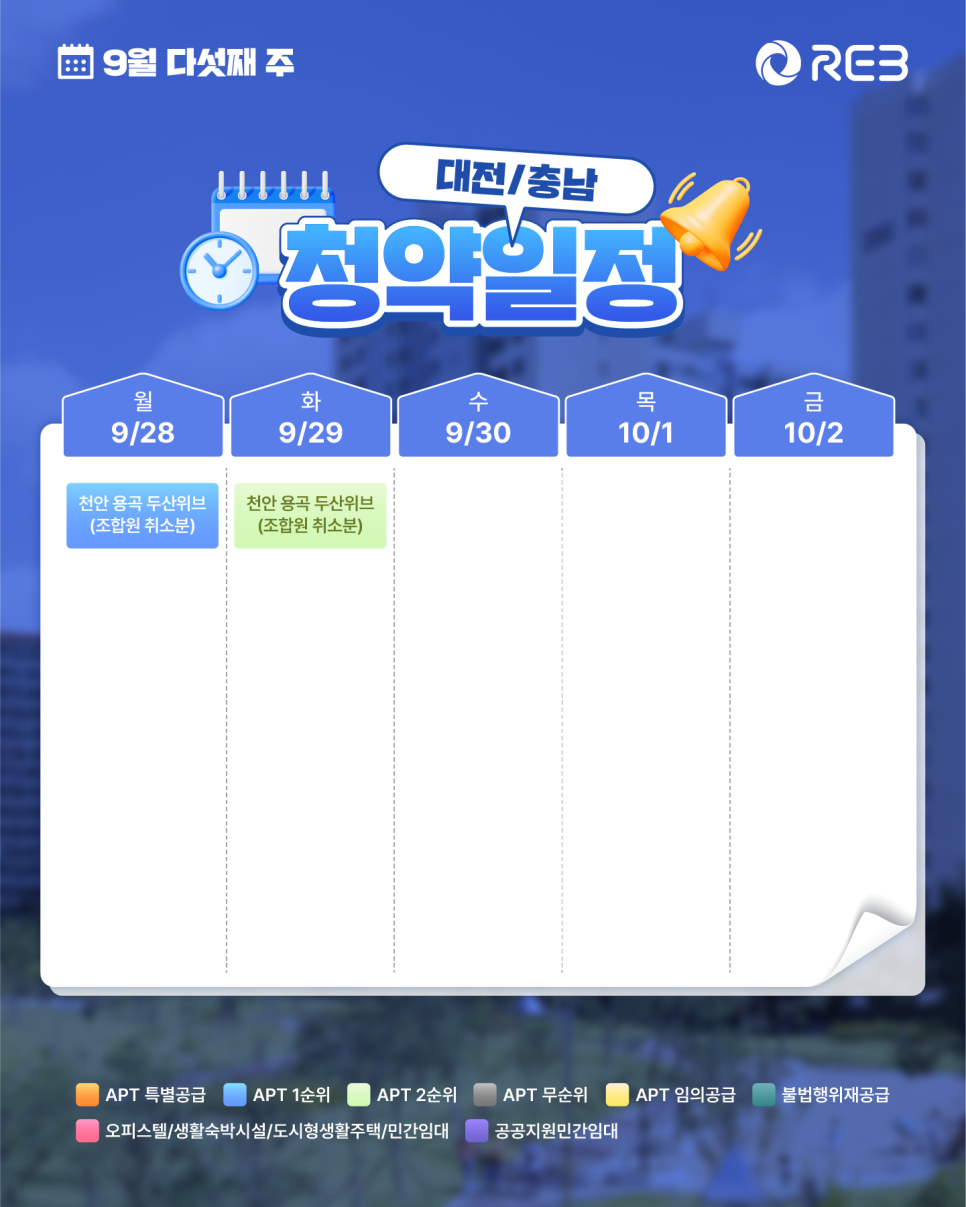 ‘9월 5주차' 9월 28일 ~ 10월 2일의 ‘대전/충남 지역 청약' 내용이 정리되어 있다.