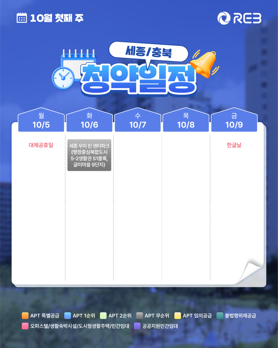 ‘10월 1주차' 10월 5일 ~ 10월 9일의 ‘세종/충북 지역 청약' 내용이 정리되어 있다.