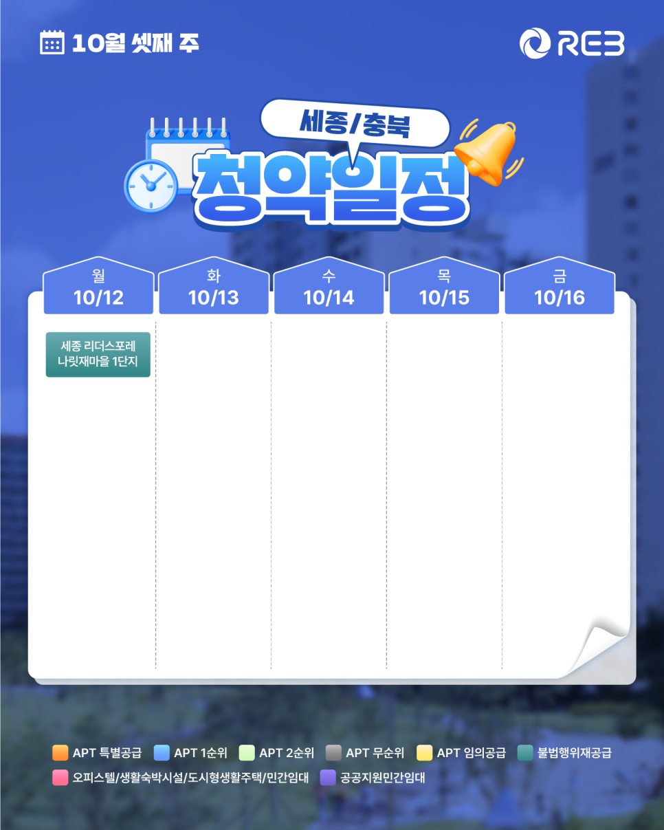 ‘10월 3주차' 10월 12일 ~ 10월 16일의 ‘세종/충북 지역 청약' 내용이 정리되어 있다.