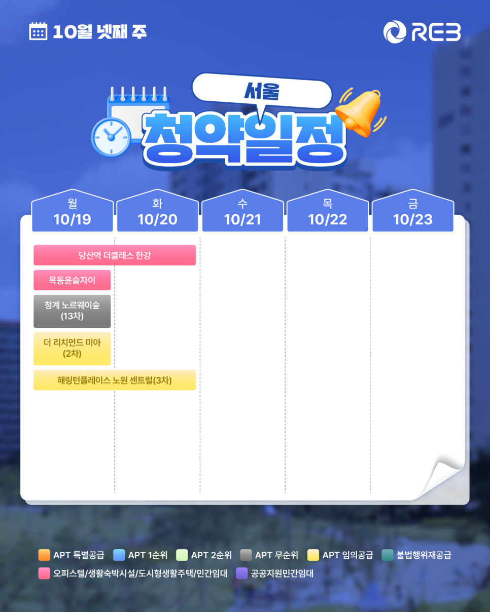 ‘10월 4주차' 10월 19일 ~ 10월 23일의 ‘서울 지역 청약' 내용이 정리되어 있다.
