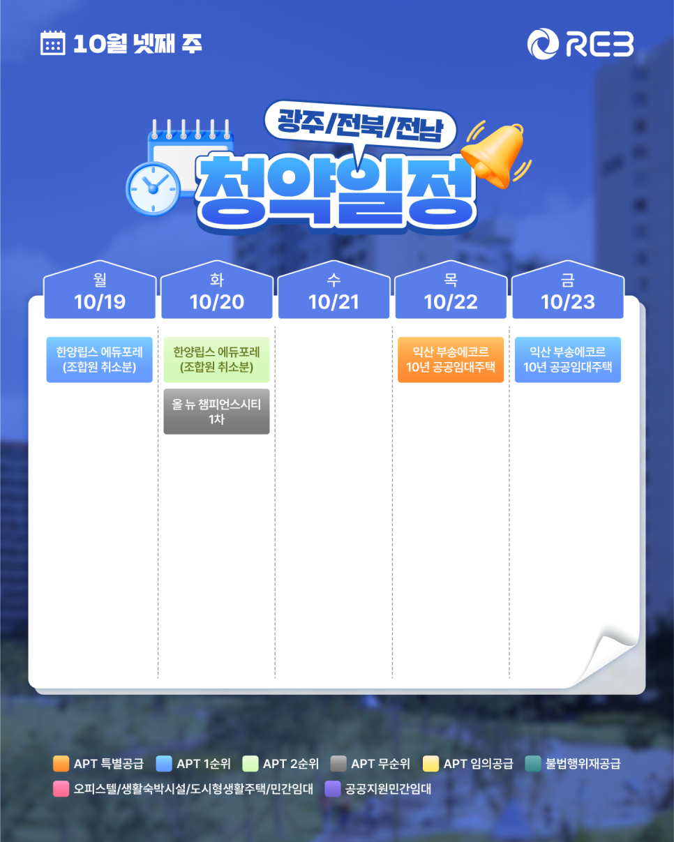 ‘10월 4주차' 10월 19일 ~ 10월 23일의 ‘광주/전북/전남 지역 청약' 내용이 정리되어 있다.