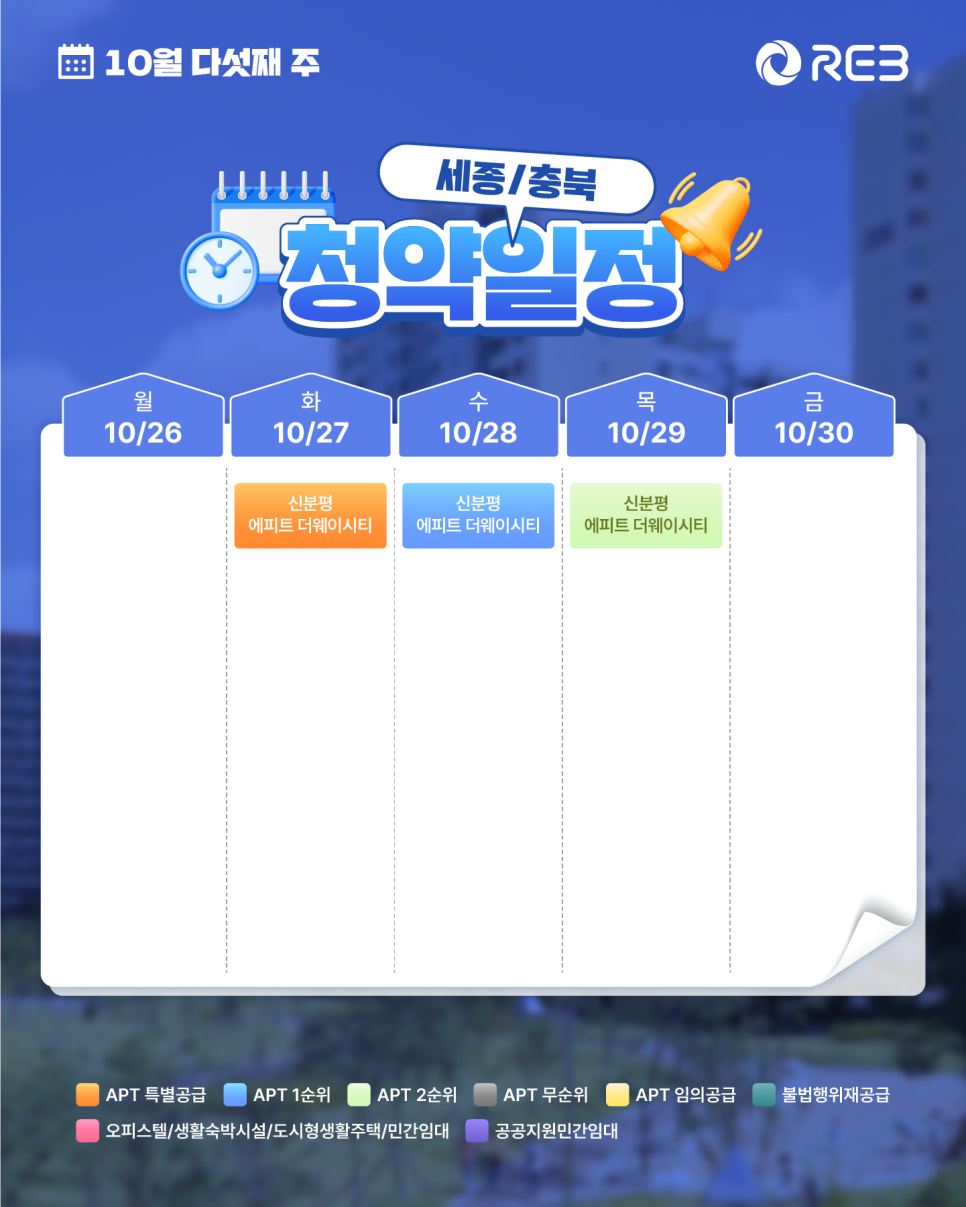 ‘10월 5주차' 10월 26일 ~ 10월 30일의 ‘세종/충북 지역 청약' 내용이 정리되어 있다.