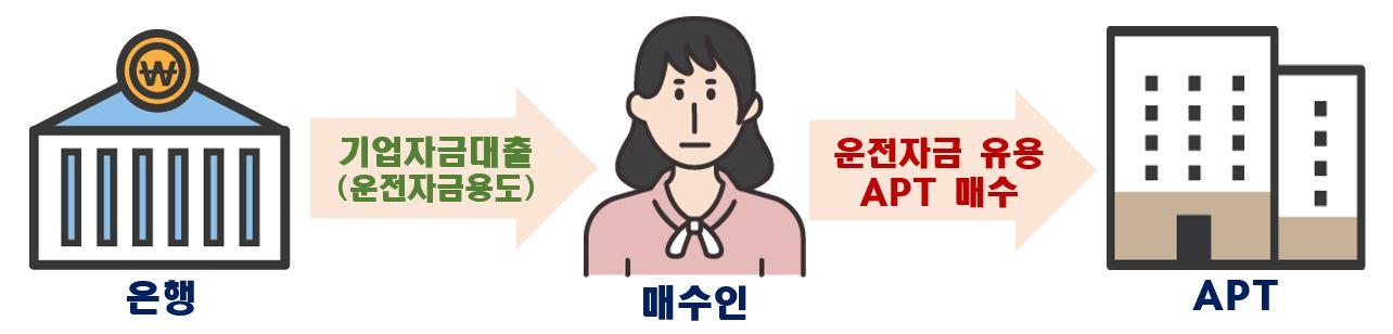 주요 '위법의심행위 적발' 추가 사례 첫번째를 보여준다. '개인사업자가 기업자금대출(운전자금)을 받아 아파트 매수에 유용'했다.