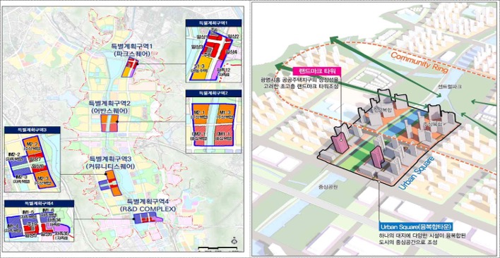 광명시흥 지구 '특별계획' 구역 4개소와 개발 예시를 지도위에 표시했다.