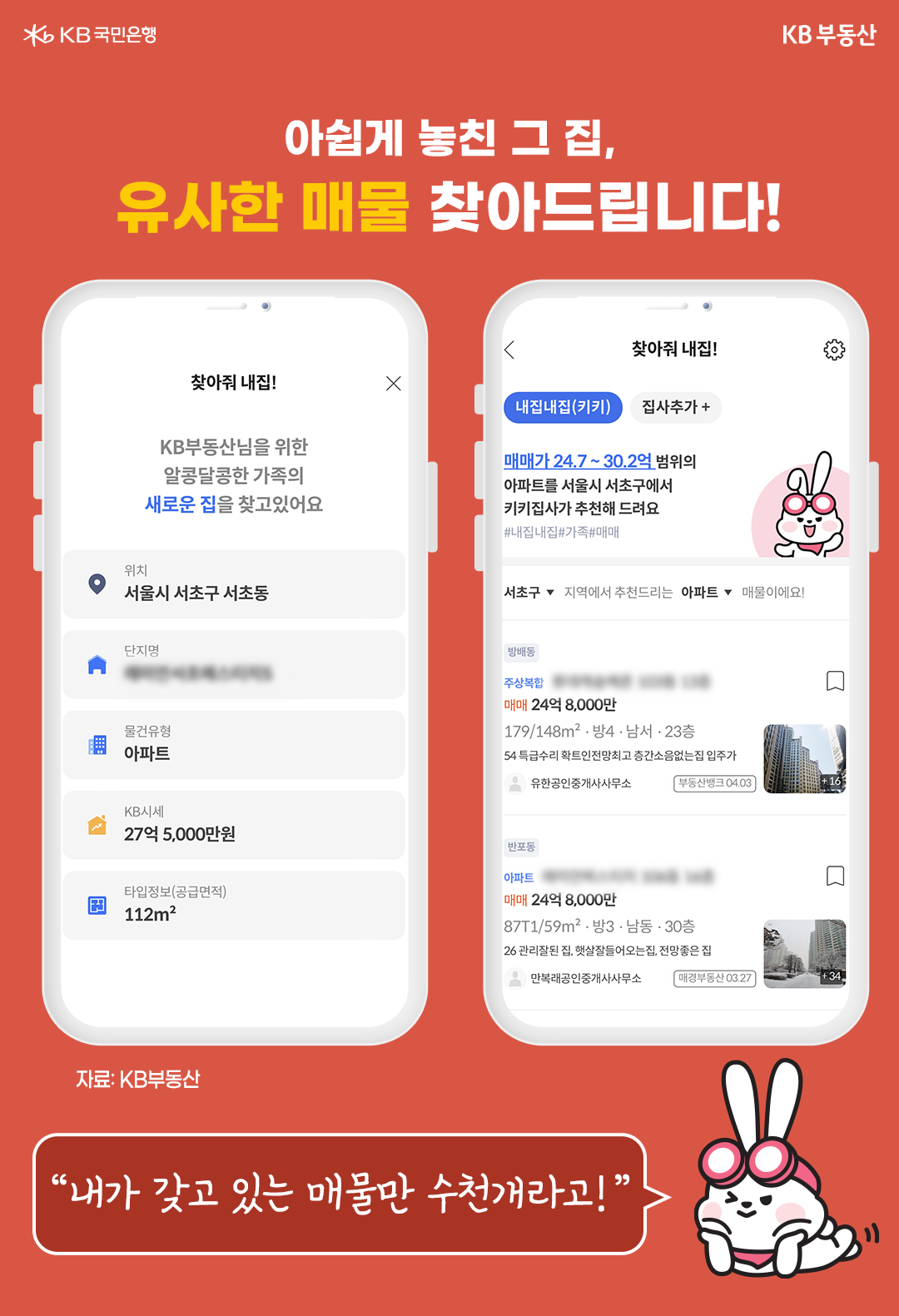 'kb부동산'에서 제공하는 '찾아줘 내집!' 컨텐츠가 제공하는 유사 매물 탐색기능을 설명하는 그림. 사전에 등록해 놓은 특정 매물을 기반으로, 그와 최대한 유사한 부동산 매물들을 제공해줌.