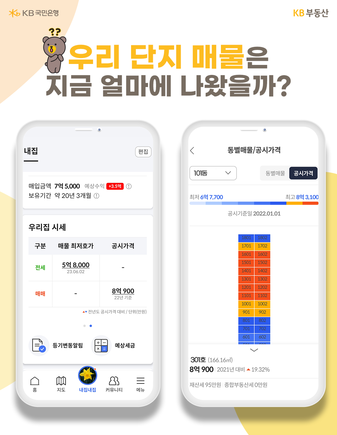 우리집을 등록하면 KB시세와 최근 실거래가는 물론, 매물의 최저 호가와 지난해 기준 '공시가격'을 확인할 수 있습니다. 공시가격을 눌러보면 층과 호수 별 공시가격이 나옵니다.