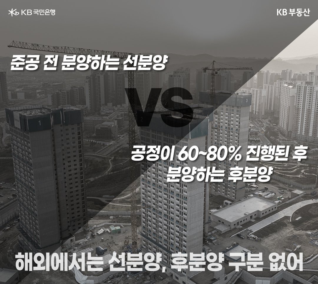 '선분양' 아파트와 '후분양' 아파트의 명칭을 비교. 선분양은 아파트를 짓기 전 분양하는 한편, 후분양 아파트는 공정이 60~80% 진행된 후 분양하는 형태이다.