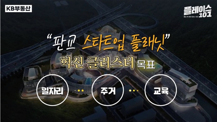 '판교' 지식산업센터를 배경으로 판교 '스타트업 플래닛'이라는 제목이 위치해있다.