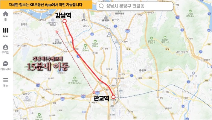 지도위에 '신분당선' '강남역'부터 '판교역'까지 노선을 표시했다.