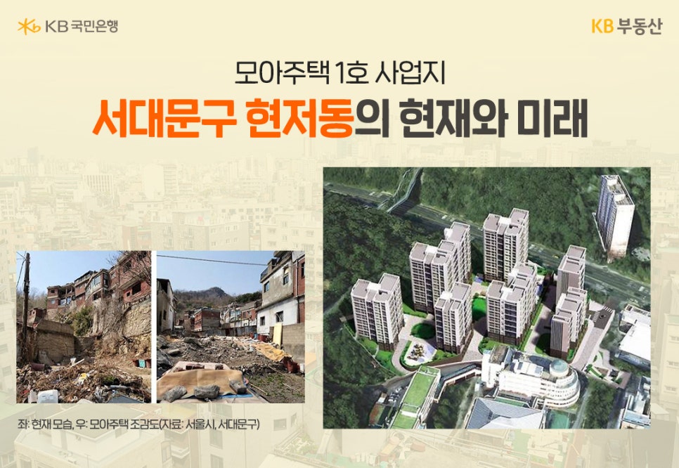 '모아주택 1호 사업지. 서대문구 현저동의 현재와 미래' 좌측에는 서대문구 현저동의 현재모습이다. 낡은 주택 단지이다. 오른쪽은 미래의 모아주택 조감도 이미지다.