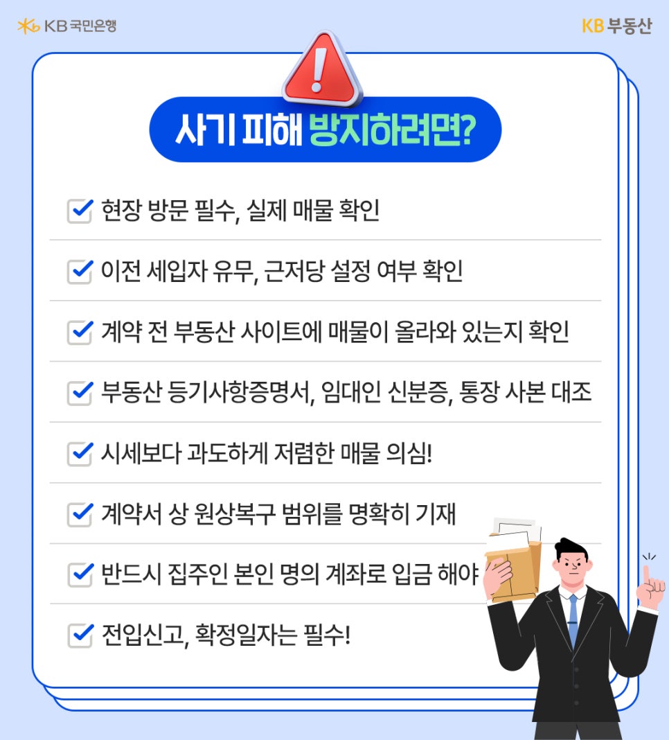 빨간 삼각형 경고 아이콘과 함께 ‘사기 피해 방지하려면?’이라는 제목이 파란색 강조 박스 안에 표시되어 있다. 본문에는 체크 표시 아이콘이 붙은 항목들이 세로로 나열되어 있으며, △현장 방문 필수 및 실제 매물 확인 △이전 세입자 존재 여부와 근저당 설정 여부 확인 등의 주의 사항이 정리돼 있다. 우측 하단에는 서류 파일을 들고 있는 정장 차림의 남성 일러스트가 배치돼 있어, 계약 검증과 주의의 중요성을 시각적으로 강조한다.