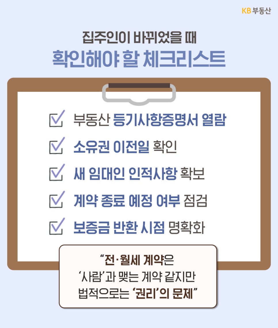 '집주인이 바뀌었을 때 확인해야 할 체크리스트'를 보여주는 이미지입니다. 등기사항증명서 열람, 소유권 이전일 확인, 새 임대인 인적사항, 계약 종료 여부, 보증금 반환 시점 등 5가지 확인 사항과 함께 "전·월세 계약은 법적으로 권리의 문제"라는 문구가 적혀 있습니다.