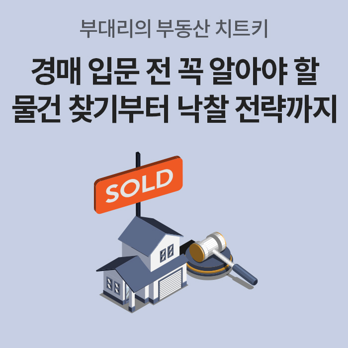 '부대리의 부동산 치트키'라는 문구와 함께 '경매 입문 전 꼭 알아야 할 물건 찾기부터 낙찰 전략까지'라는 제목이 적힌 썸네일입니다. 하단에는 SOLD 표지판이 세워진 2층 집과 경매용 가판(의사봉) 일러스트가 그려져 있습니다.